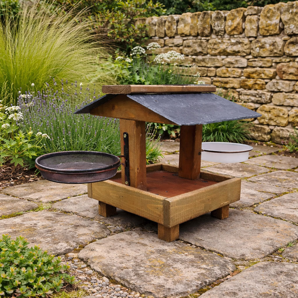 Low Level Wild Bird Feeding Water Feed Station Outdoor Slate Roof Platform