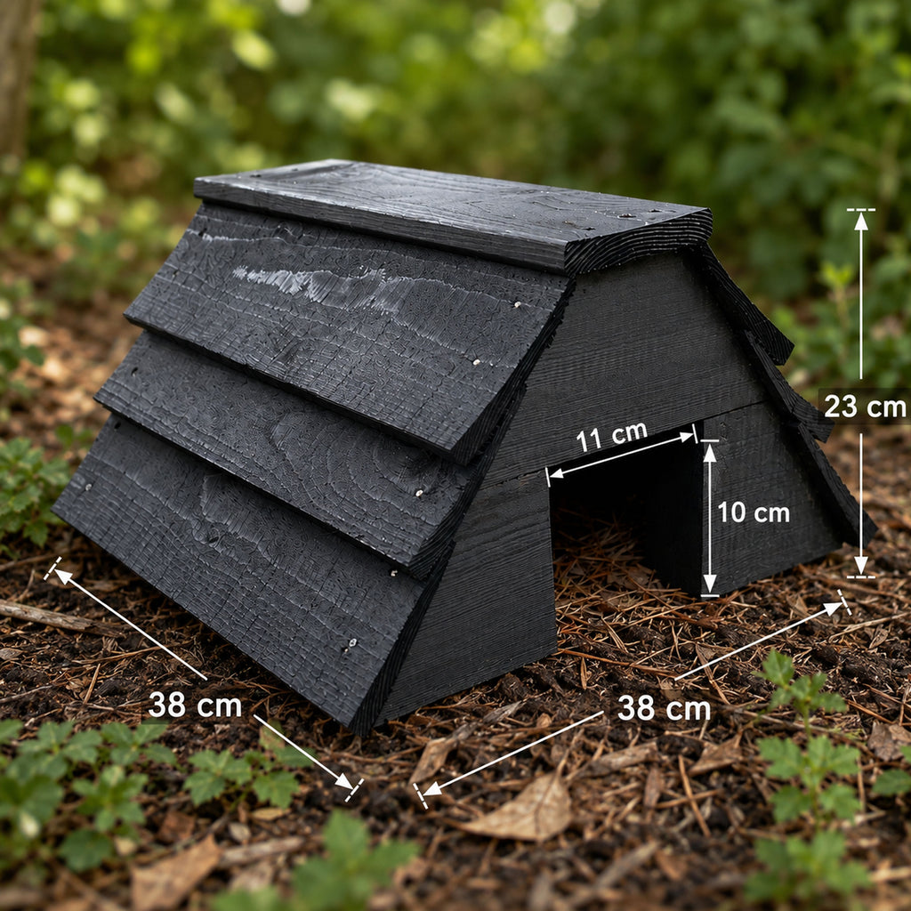 Black Wooden Garden Hedgehog House - Fully Assembled Hibernation Nest Box & Shelter