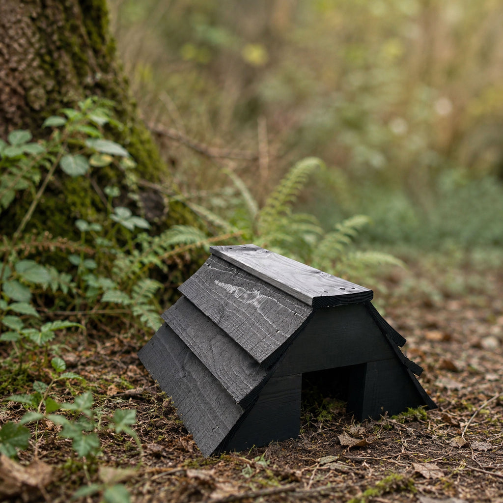 Black Wooden Garden Hedgehog House - Fully Assembled Hibernation Nest Box & Shelter