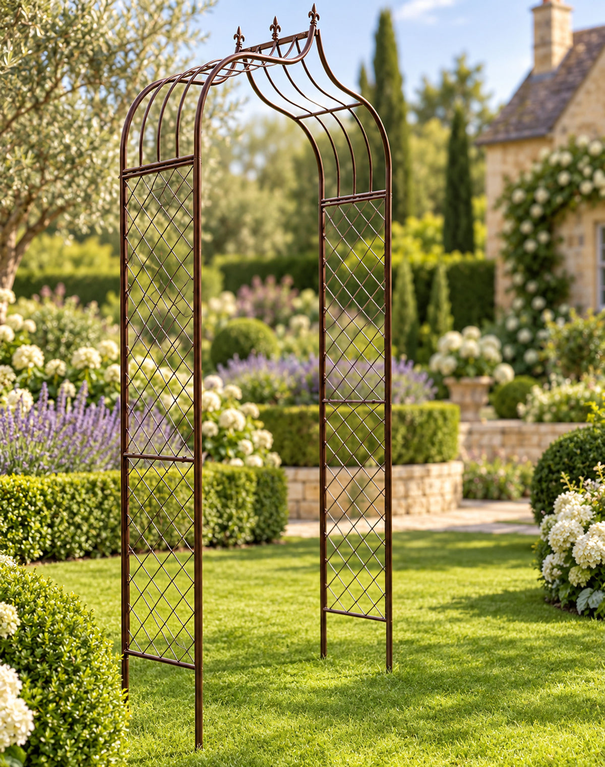 Decorative Finial Metal Garden Arch with Lattice Side Panels – Heritage Brown - (H)240cm x (W)120cm