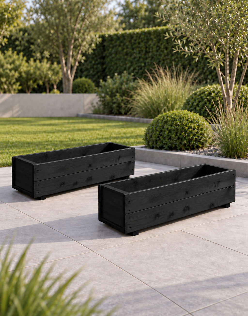Twin Pack Black Wooden Garden Planters Heavy Duty Flower Plant Trough Boxes Fully Assembled  Patio Herb 80cm Long