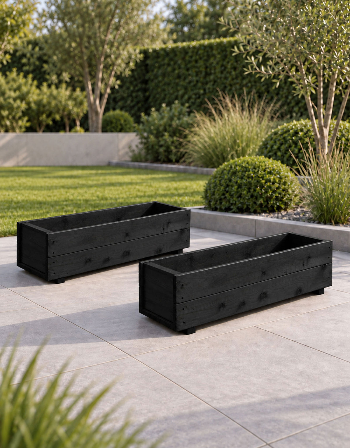 Twin Pack Black Wooden Garden Planters Heavy Duty Flower Plant Trough Boxes Fully Assembled  Patio Herb 80cm Long