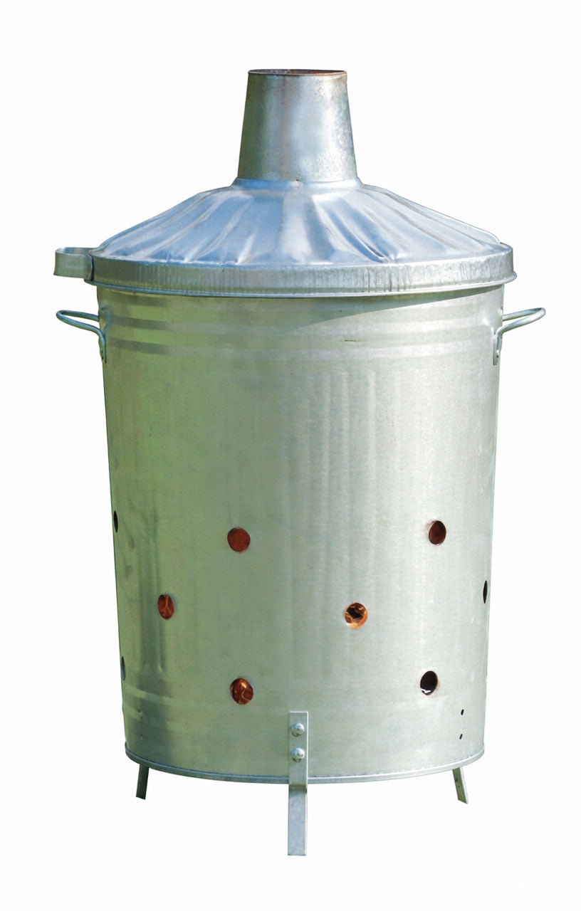 Large Galvanised Steel Garden Incinerator - Outdoor Waste Burner Lid & Chimney 90L