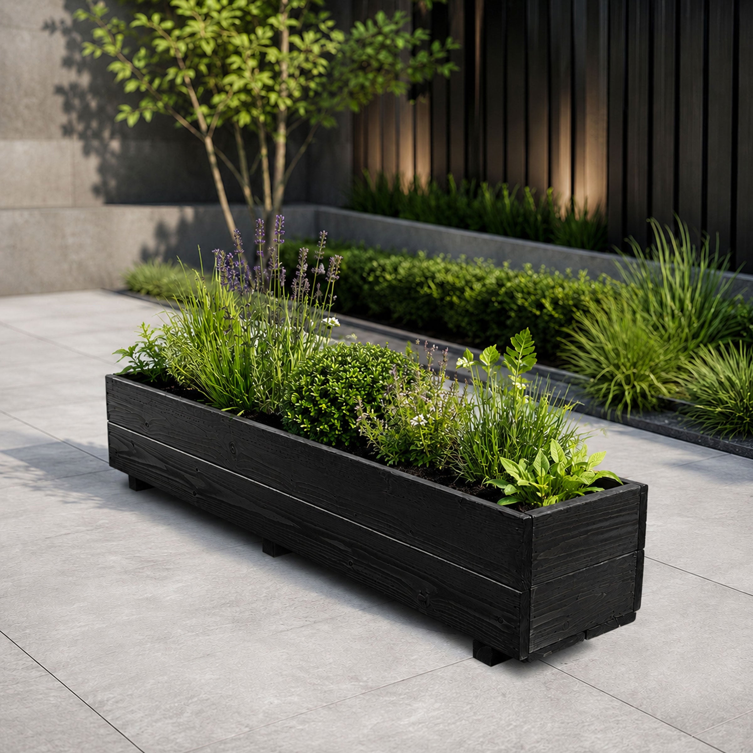 Modern Black Wooden Window Box Planters - Fully Assembled Timber Troughs