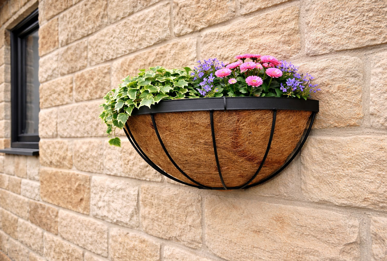 Metal Moon Wall Planters Twin Pack - Outdoor Hanging Plant Baskets with Coco Liners for Garden Walls