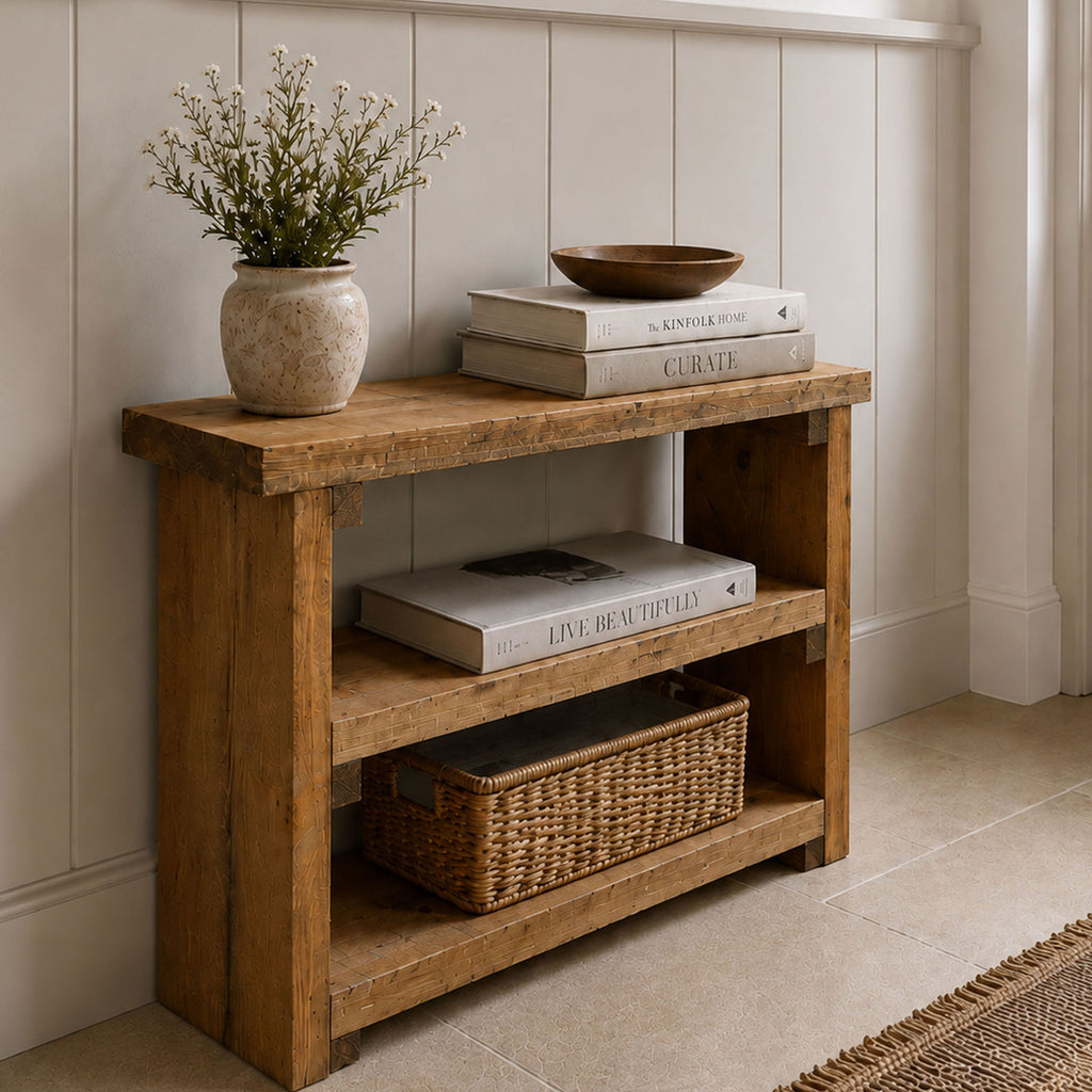 Solid Wood 3 Tier Sofa Table - Narrow Console Table, Rustic Wooden Storage Slim Shelf Heavy Duty Furniture