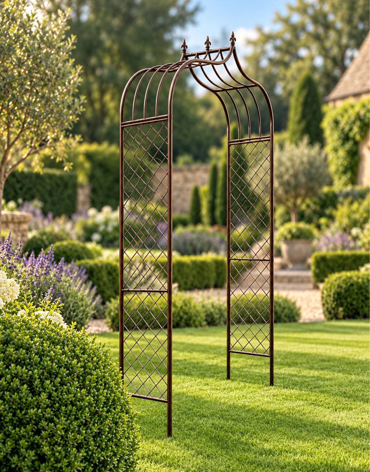 Decorative Finial Metal Garden Arch with Lattice Side Panels – Heritage Brown - (H)240cm x (W)120cm
