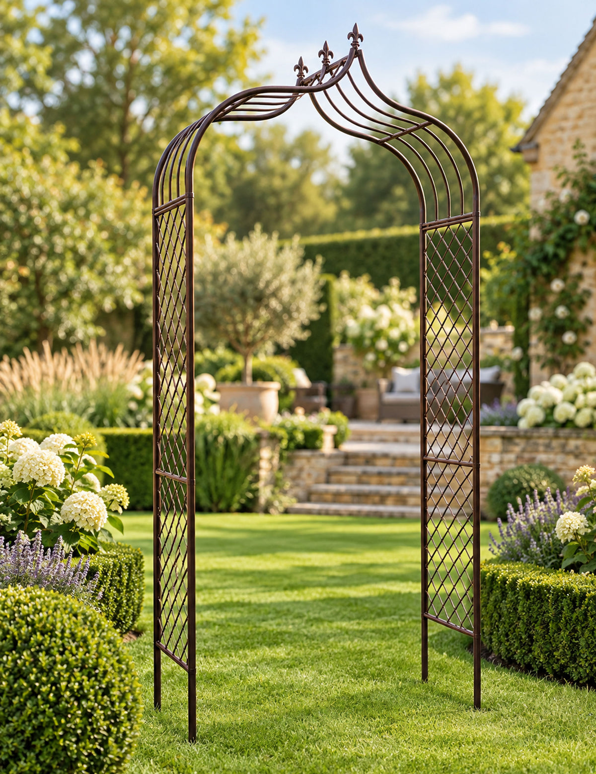 Decorative Finial Metal Garden Arch with Lattice Side Panels – Heritage Brown - (H)240cm x (W)120cm