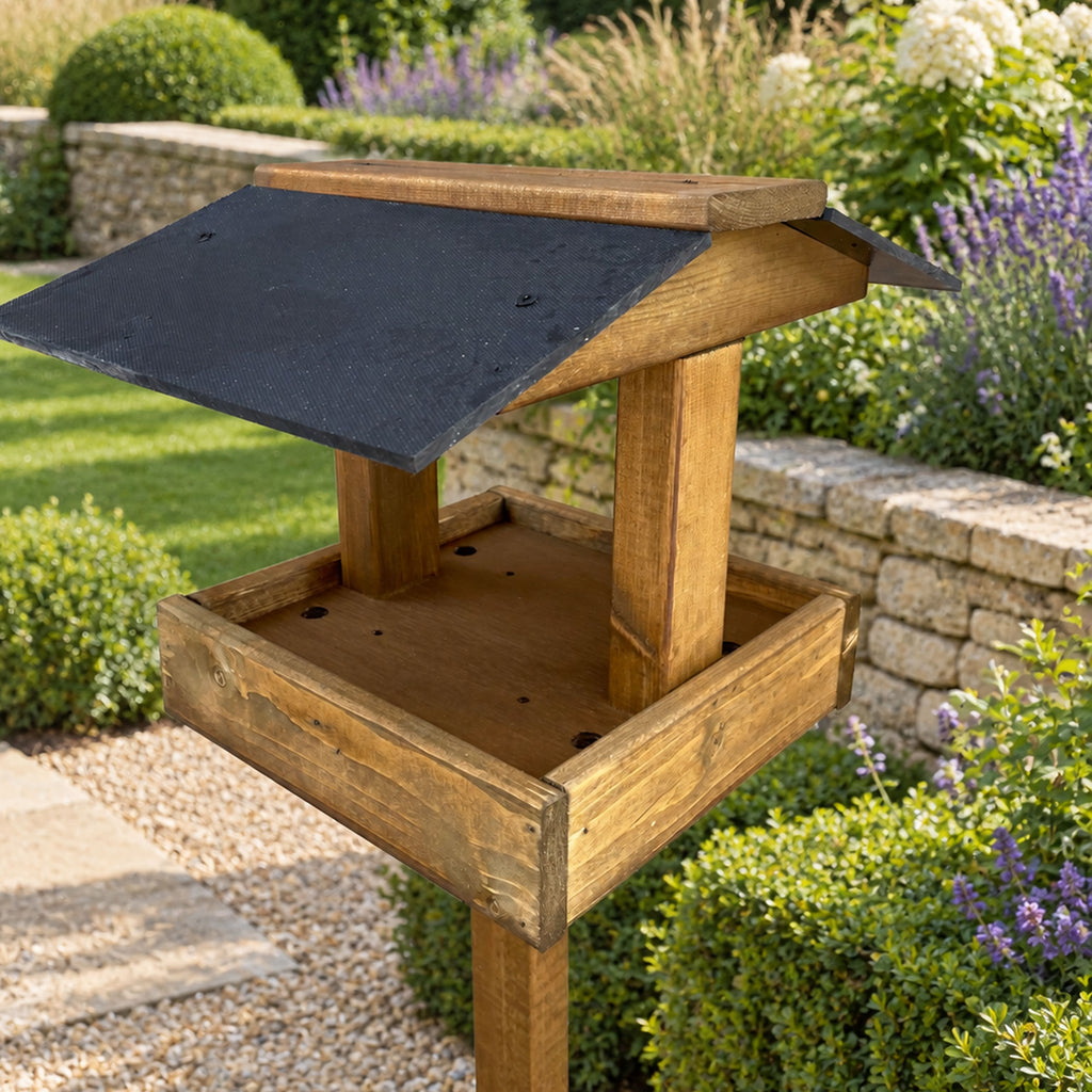 Coverdale Wooden Bird Table with Black Roof and Sturdy Stand for Garden Wild Birds
