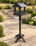 Black Wooden Bird Table with Genuine Slate Roof, Bird Bath, Feeding Tray & Feeder Station