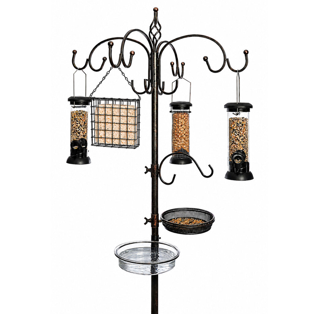Bronze All-in-One Garden Bird Feeding Station with Feeders & Water Dish Feed Tray