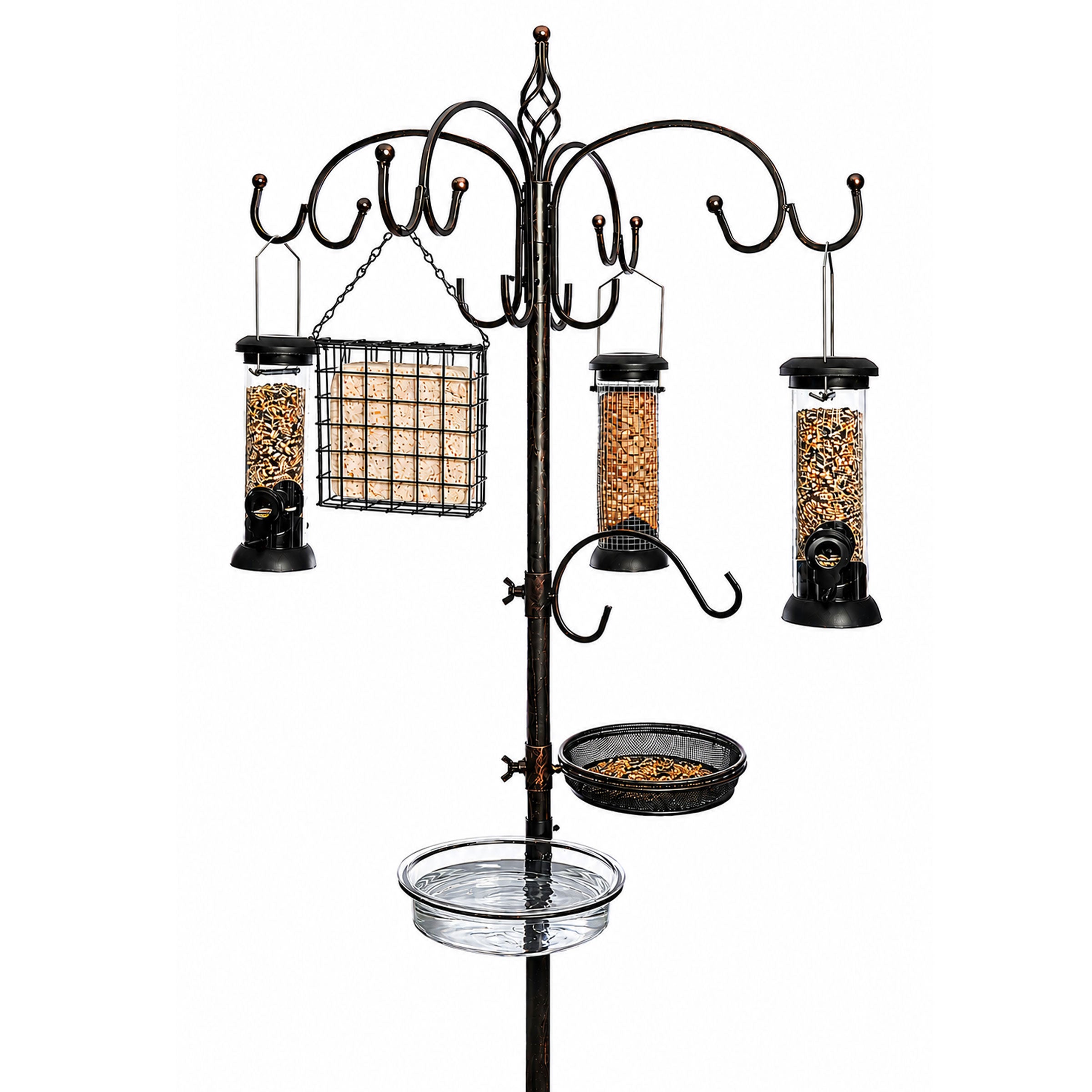 Bronze All-in-One Garden Bird Feeding Station with Feeders & Water Dish Feed Tray