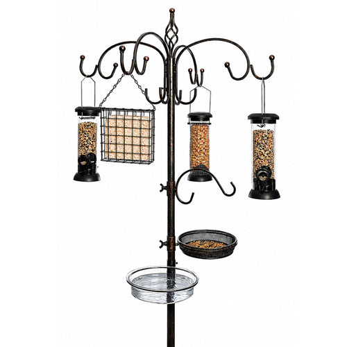 Bronze All-in-One Garden Bird Feeding Station with Feeders & Water Dish Feed Tray