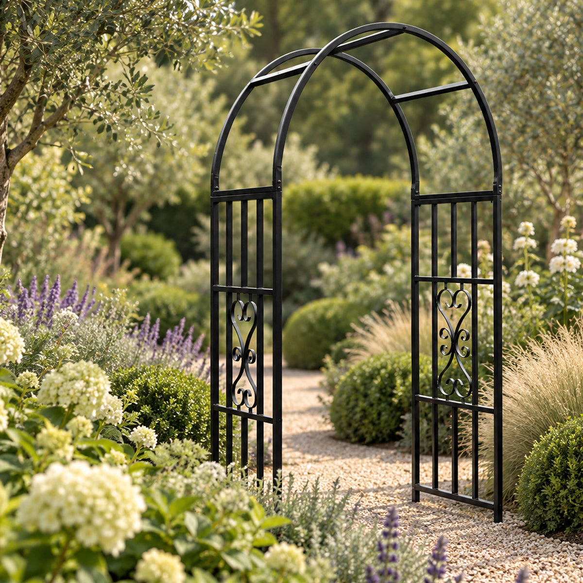 Metal Garden Arch Trellis - Heavy Duty Steel Rose & Climbing Plant Support Arbor Black (H)210cm x (W)116cm