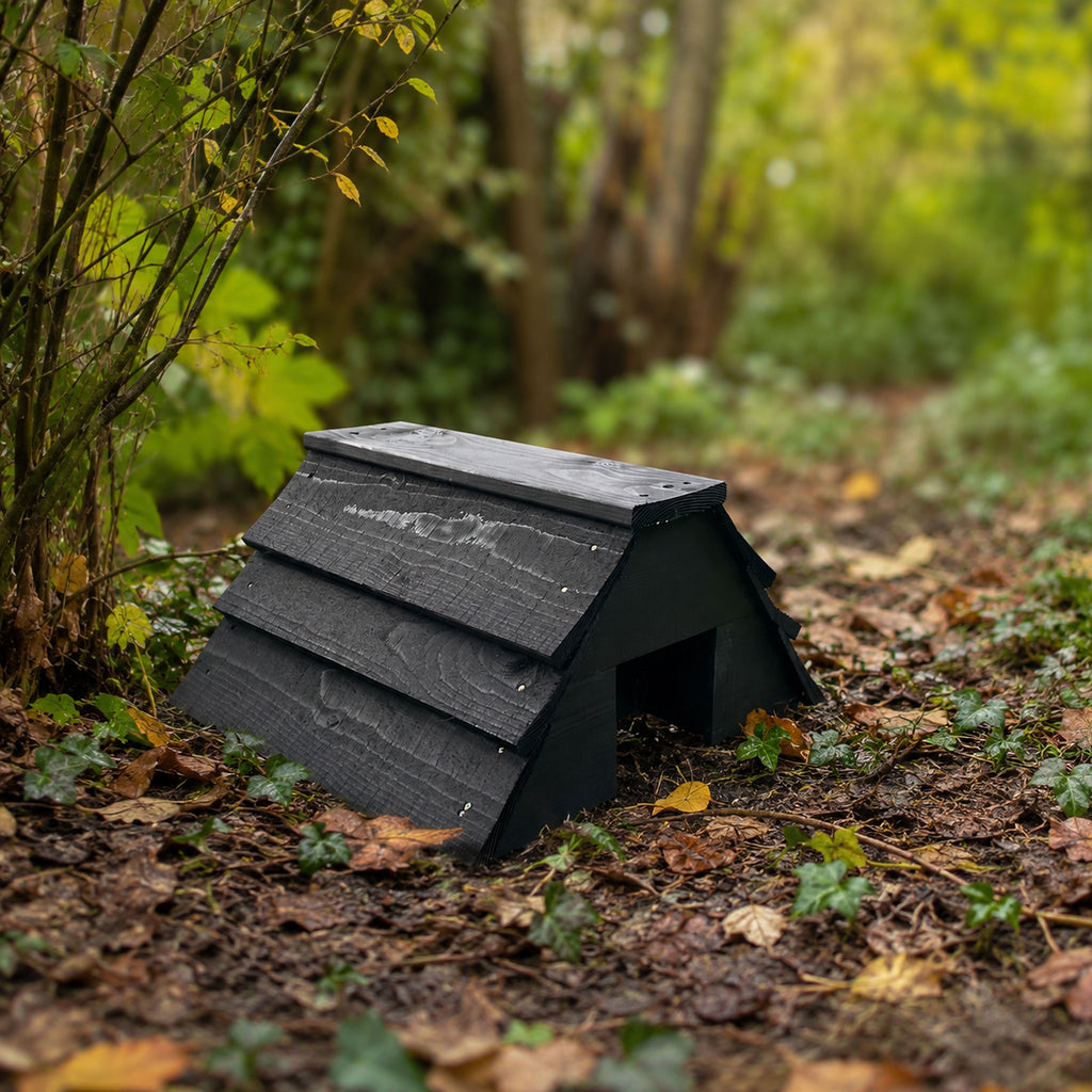 Black Wooden Garden Hedgehog House - Fully Assembled Hibernation Nest Box & Shelter