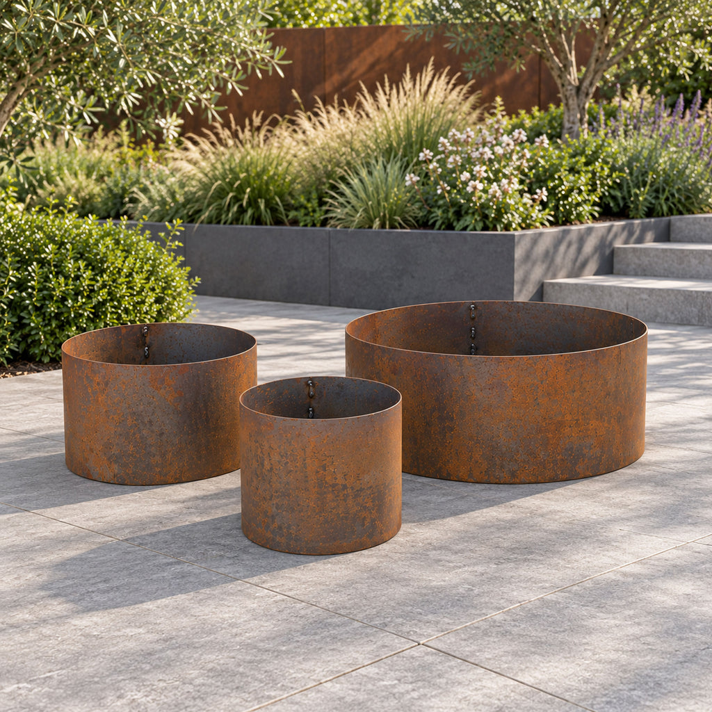 Heavy Duty Circular Rust Steel Planter Rings  - Handmade Rustic Metal Garden Planters & Raised Bed Surrounds