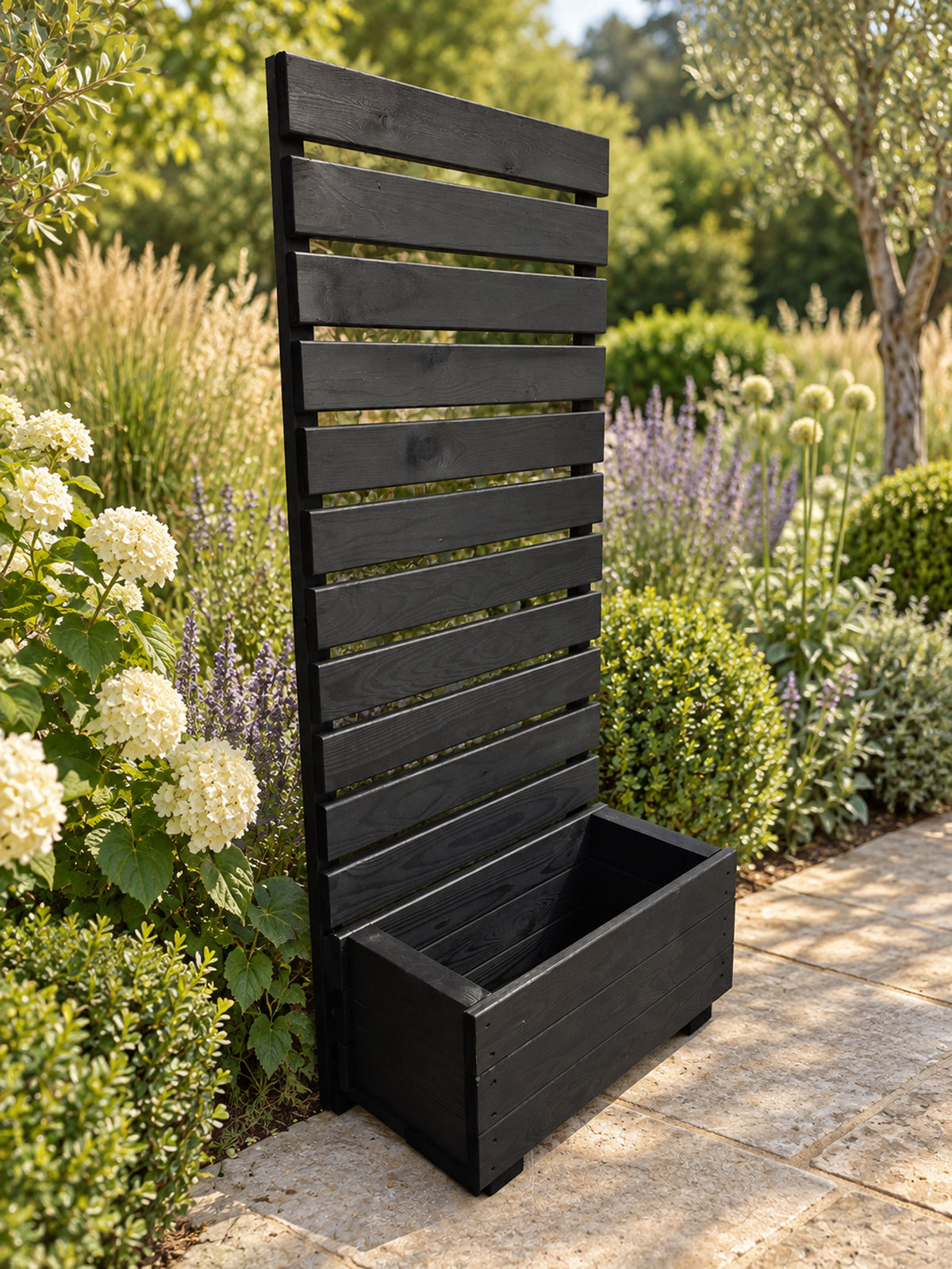 Wooden Planter with Trellis Privacy Screen - Black Climbing Plants for Patios & Decking