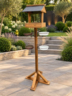 Wooden Garden Bird Table Feeding Station with Real Slate Roof, Feeding Trays, Water Dishes, Hanging Hooks & 4 Heavy Duty Stabiliser Pegs