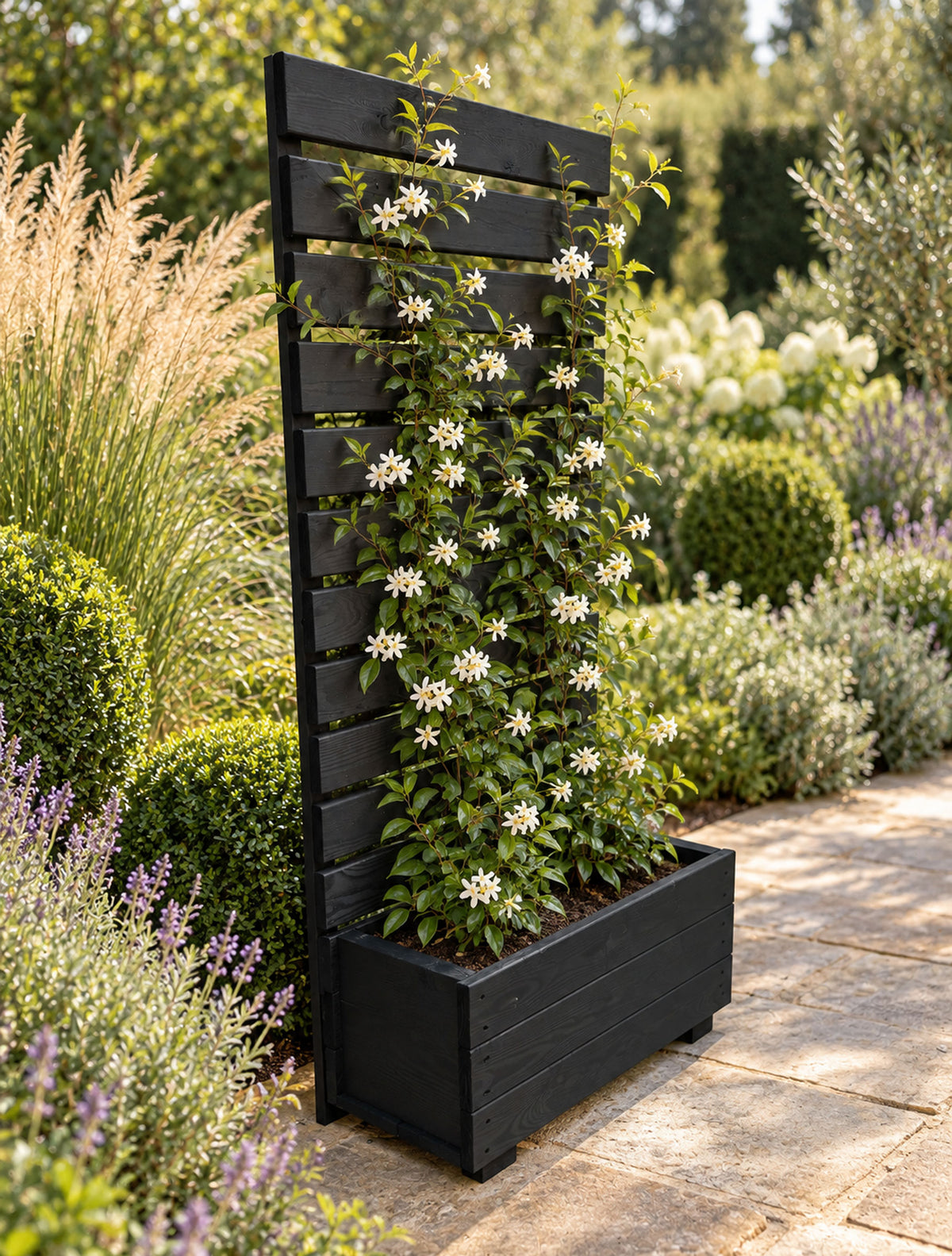 Wooden Planter with Trellis Privacy Screen - Black Climbing Plants for Patios & Decking