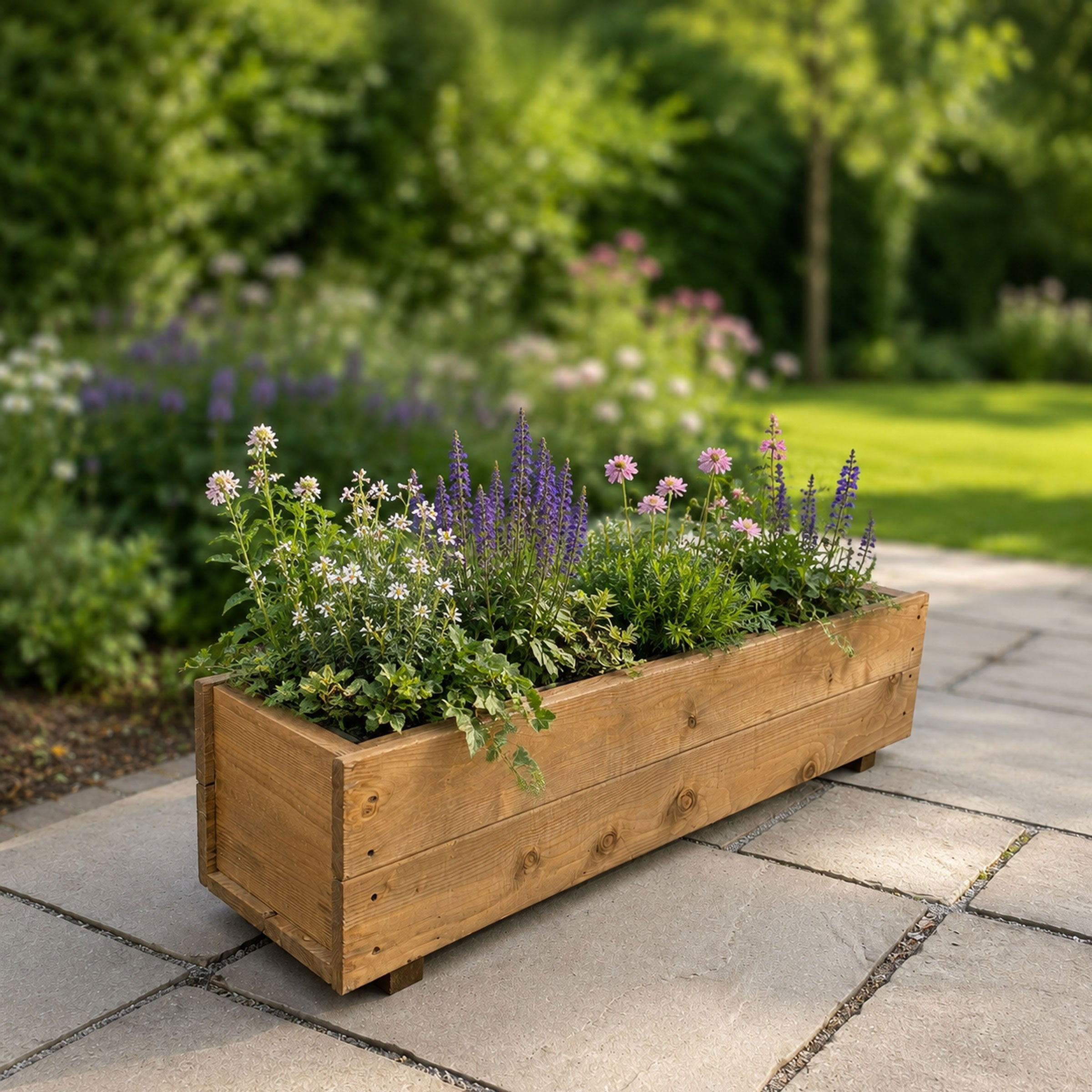Set of 2 Heavy Duty Wooden Garden Planters - 100cm Fully Assembled Timber Troughs