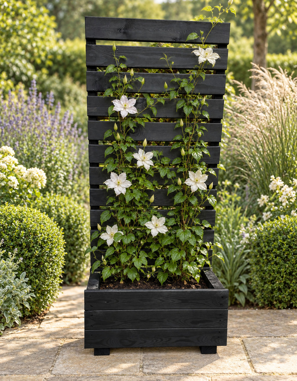 Wooden Planter with Trellis Privacy Screen - Black Climbing Plants for Patios & Decking