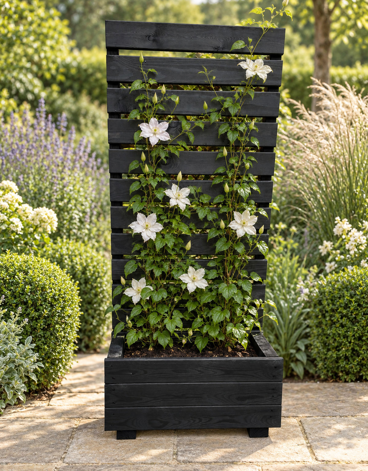 Wooden Planter with Trellis Privacy Screen - Black Climbing Plants for Patios & Decking