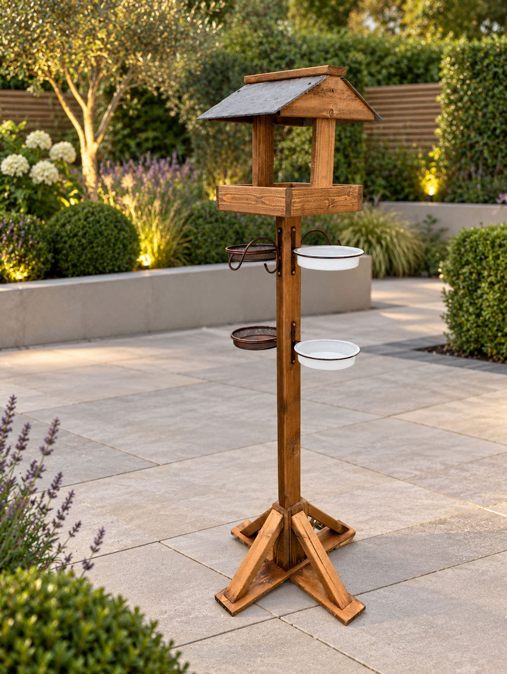 Wooden Garden Bird Table Feeding Station with Real Slate Roof, Feeding Trays, Water Dishes, Hanging Hooks & 4 Heavy Duty Stabiliser Pegs
