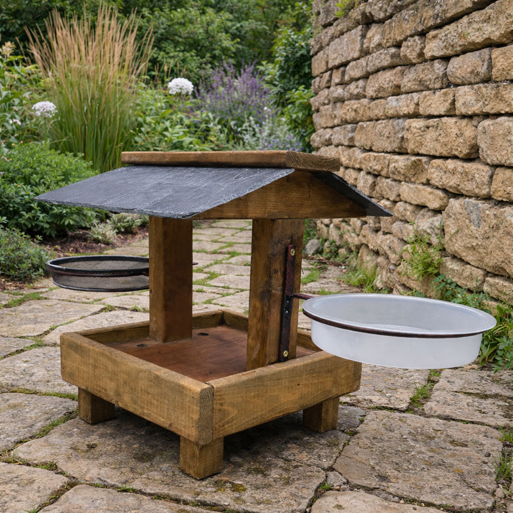 Low Level Wild Bird Feeding Water Feed Station Outdoor Slate Roof Platform
