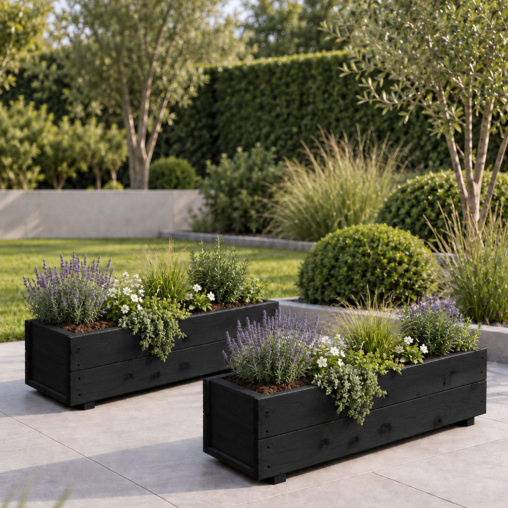 Twin Pack Black Wooden Garden Planters Heavy Duty Flower Plant Trough Boxes Fully Assembled  Patio Herb 80cm Long