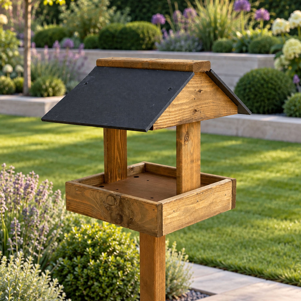 Coverham Wooden Bird Table with Stand - Timber Garden Feeder with Black Roof
