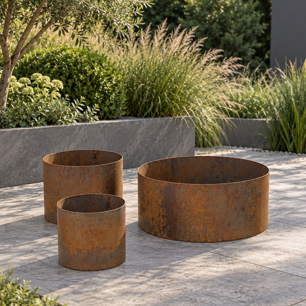 Heavy Duty Circular Rust Steel Planter Rings  - Handmade Rustic Metal Garden Planters & Raised Bed Surrounds