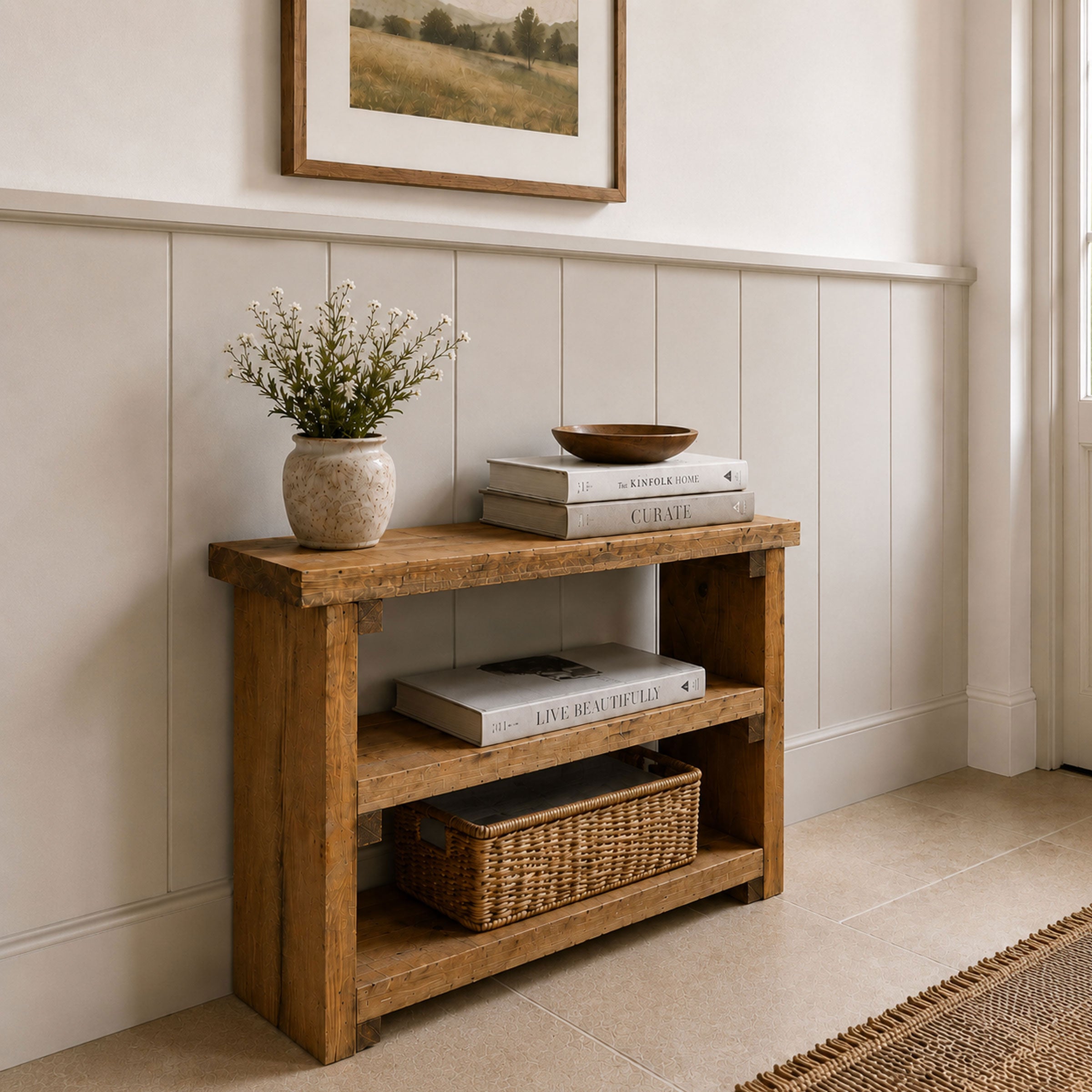 Solid Wood 3 Tier Sofa Table - Narrow Console Table, Rustic Wooden Storage Slim Shelf Heavy Duty Furniture