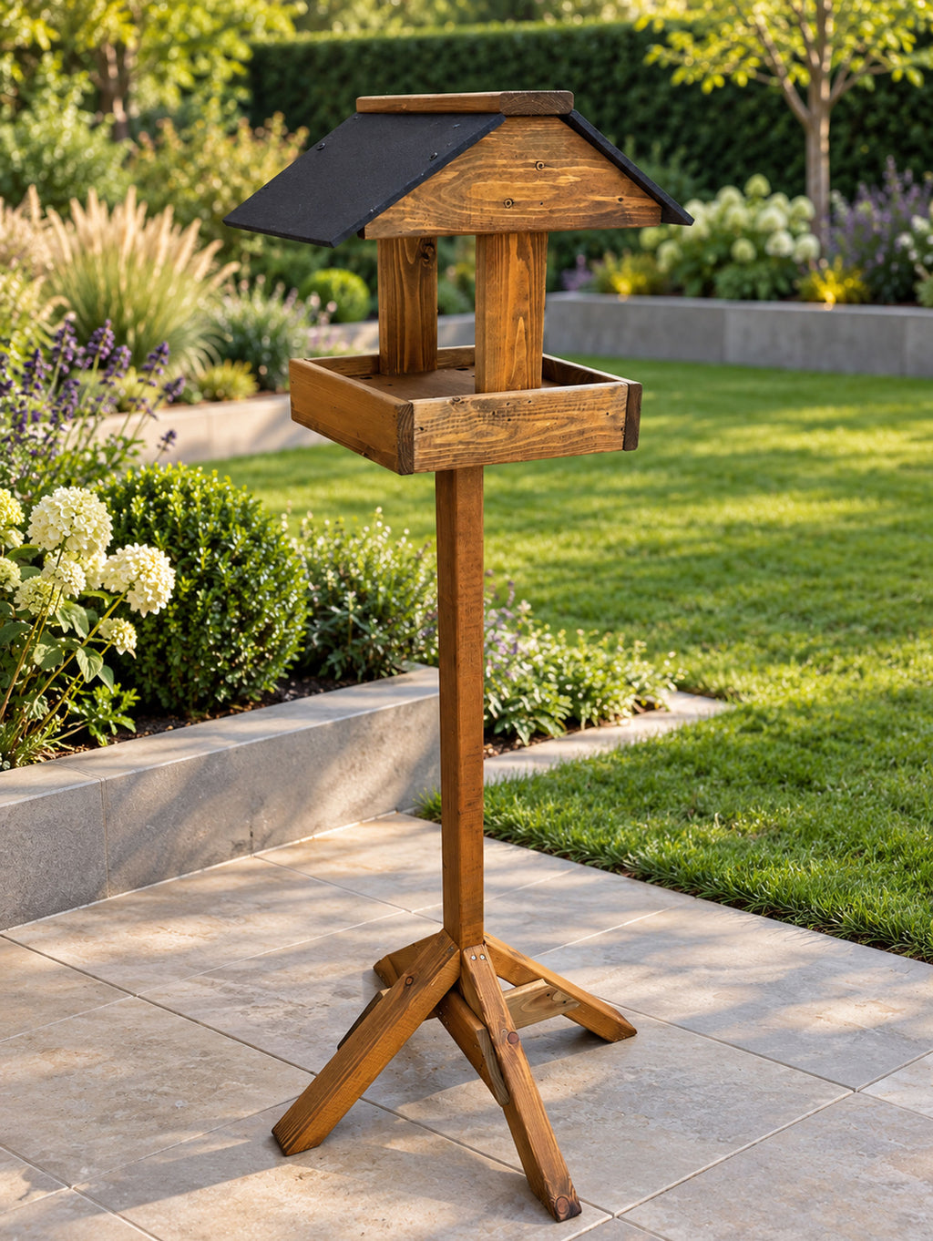 Coverham Wooden Bird Table with Stand - Timber Garden Feeder with Black Roof