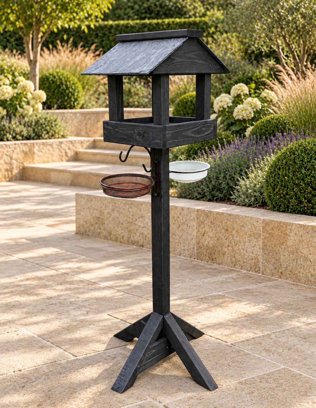 Black Wooden Bird Table with Genuine Slate Roof, Bird Bath, Feeding Tray & Feeder Station