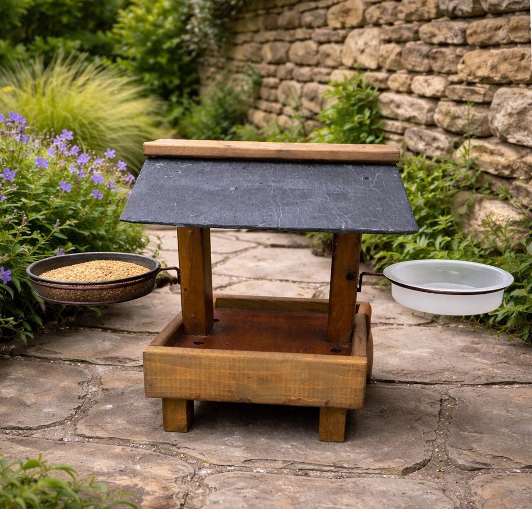 Low Level Wild Bird Feeding Water Feed Station Outdoor Slate Roof Platform