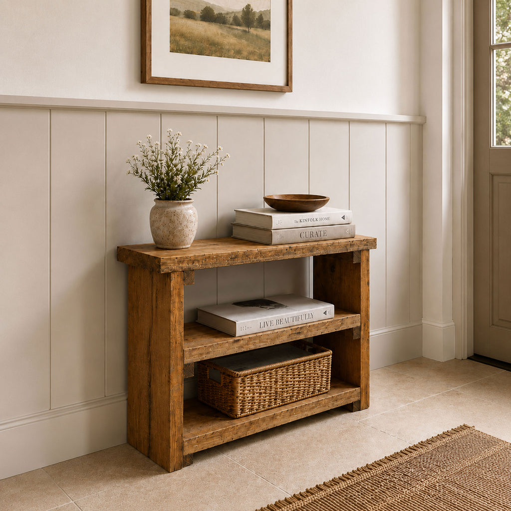 Solid Wood 3 Tier Sofa Table - Narrow Console Table, Rustic Wooden Storage Slim Shelf Heavy Duty Furniture