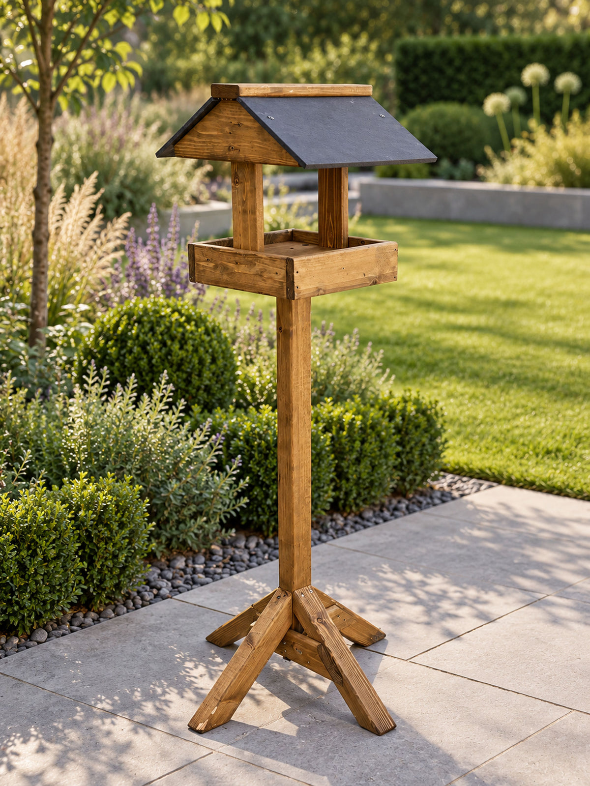 Coverham Wooden Bird Table with Stand - Timber Garden Feeder with Black Roof