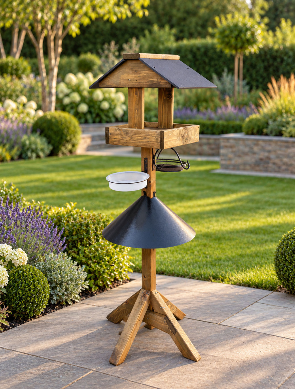 Wooden Garden Bird Feeding Station with Squirrel Baffle, Water Bowl & Mesh Tray - Coverham