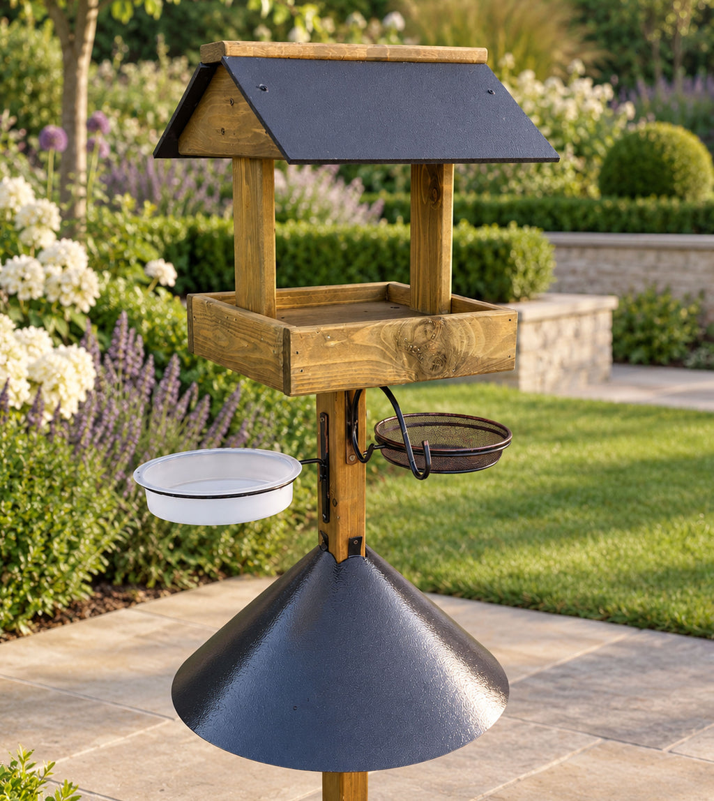 Wooden Garden Bird Feeding Station with Squirrel Baffle, Water Bowl & Mesh Tray - Coverham