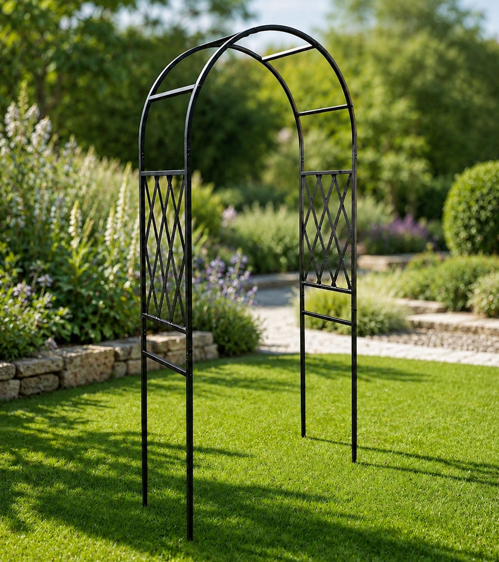 Metal Garden Arch for Climbing Plants  - Black Steel Lattice Rose & Climber Support