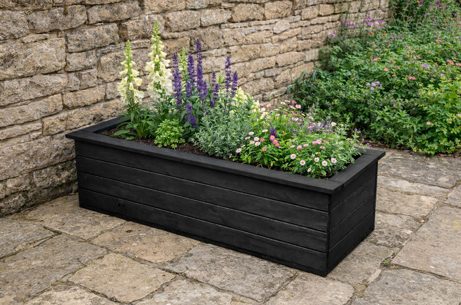 Large Wooden Trough Planters - Black Outdoor Garden & Patio Flower Boxes
