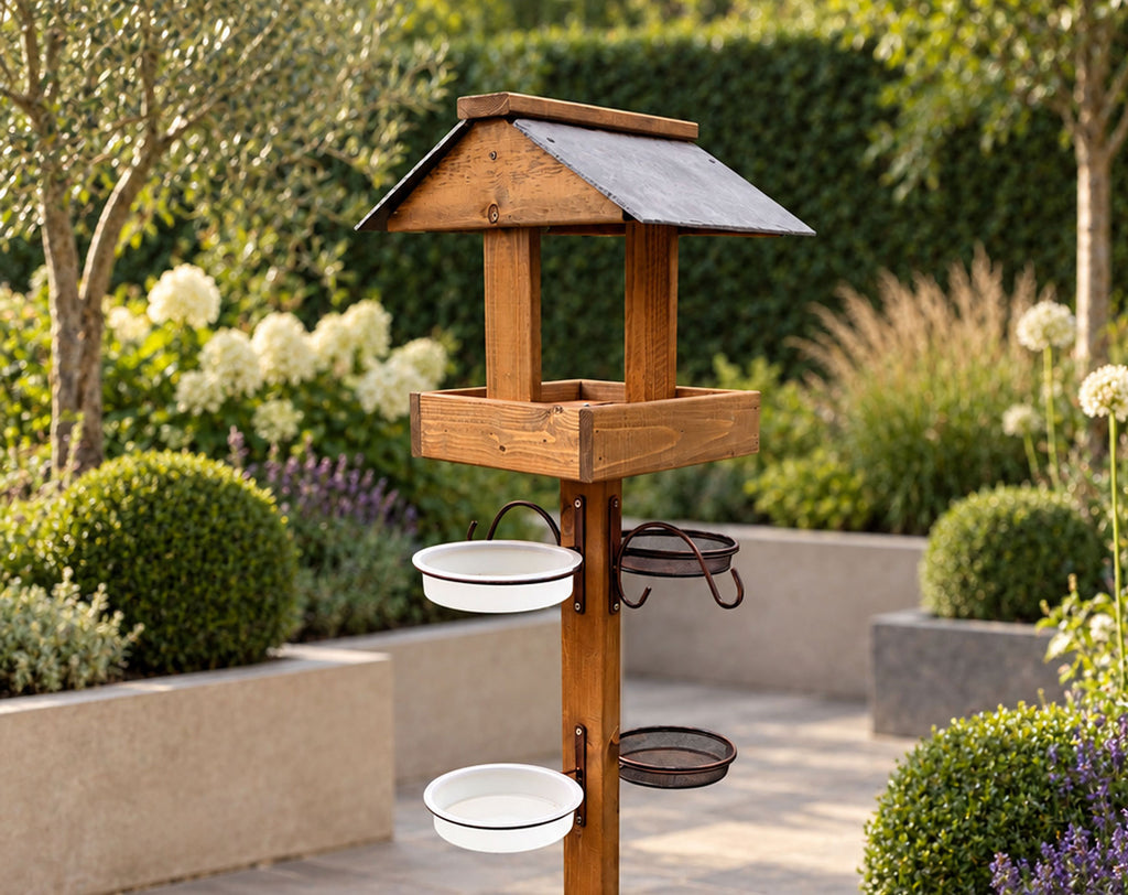 Wooden Garden Bird Table Feeding Station with Real Slate Roof, Feeding Trays, Water Dishes, Hanging Hooks & 4 Heavy Duty Stabiliser Pegs