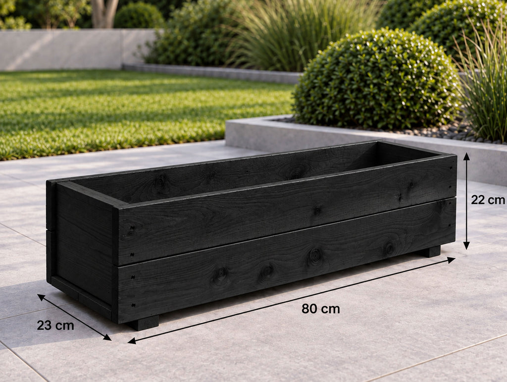 Twin Pack Black Wooden Garden Planters Heavy Duty Flower Plant Trough Boxes Fully Assembled  Patio Herb 80cm Long