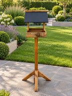 Coverham Wooden Bird Table with Stand - Timber Garden Feeder with Black Roof