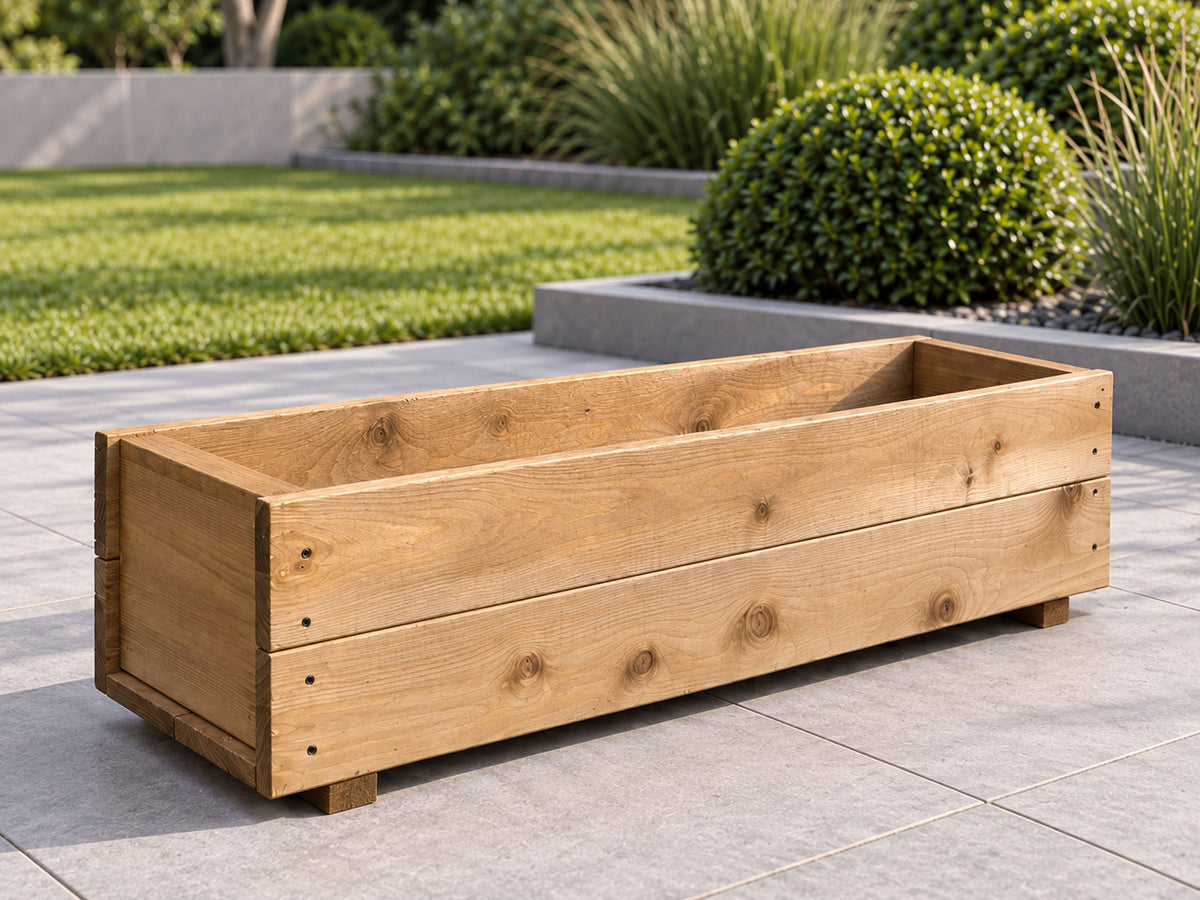 Twin Pack Tan Wooden Garden Planters Heavy Duty Flower Plant Trough Boxes Patio Herb 80cm Long  Fully Assembled