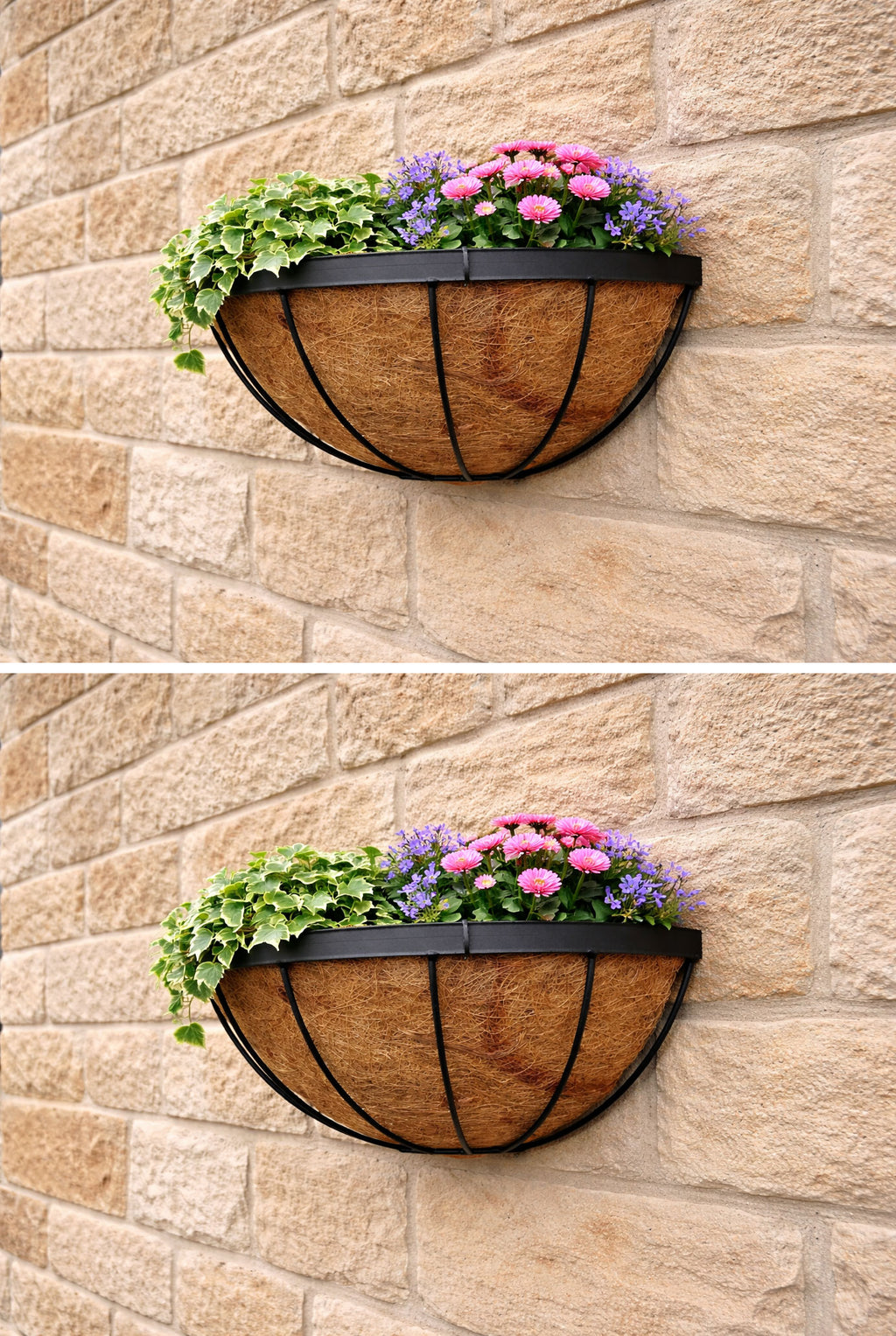 Metal Moon Wall Planters Twin Pack - Outdoor Hanging Plant Baskets with Coco Liners for Garden Walls