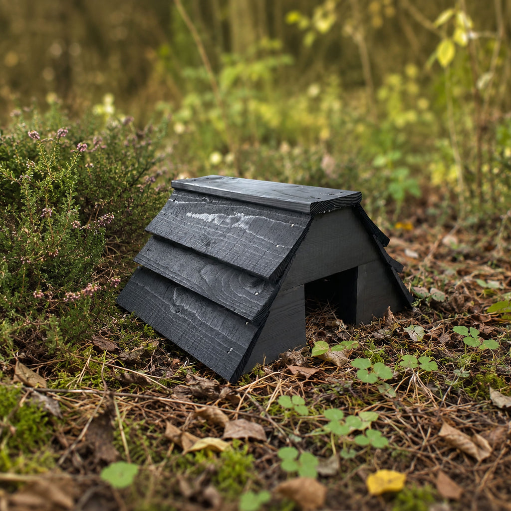 Black Wooden Garden Hedgehog House - Fully Assembled Hibernation Nest Box & Shelter