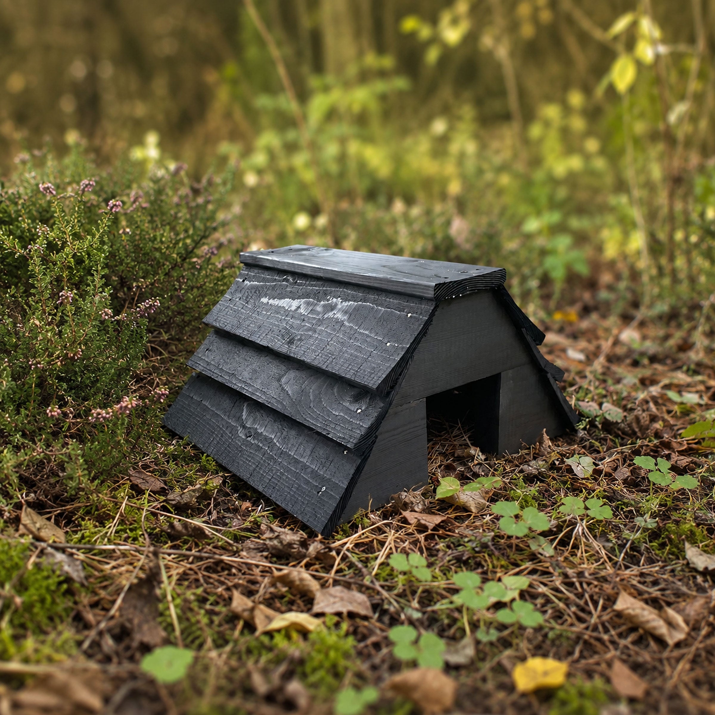 Black Wooden Garden Hedgehog House - Fully Assembled Hibernation Nest Box & Shelter