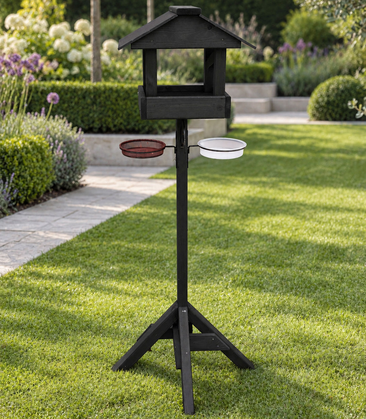 Meadows Wooden Bird Table with Black Roof & Multi-Feeding Station - Garden Wild Bird Station