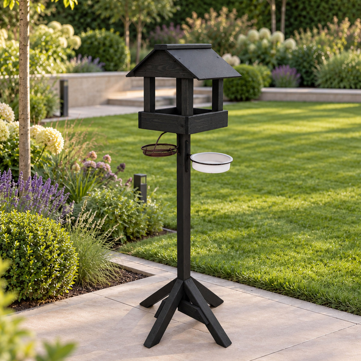 Meadows Wooden Bird Table with Black Roof & Multi-Feeding Station - Garden Wild Bird Station